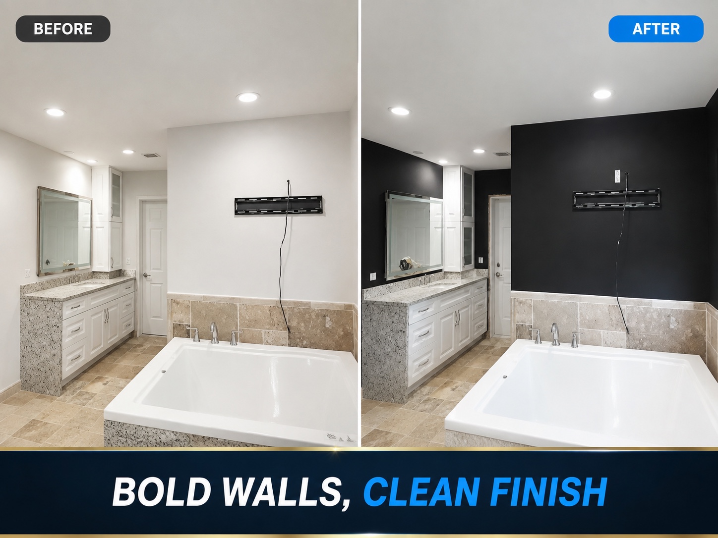 Before-and-after bathroom transformation with bold dark accent walls