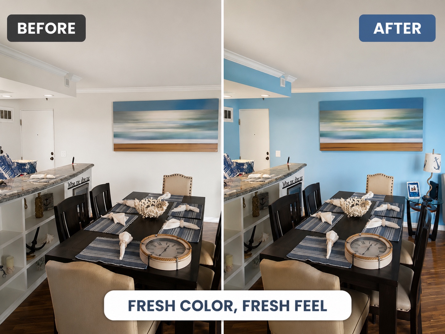 Before-and-after dining room repaint with a fresh coastal blue finish