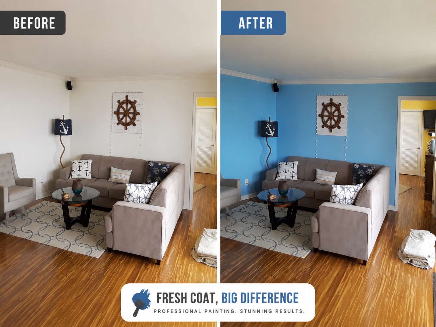 Before-and-after living room repaint with a bright blue feature wall