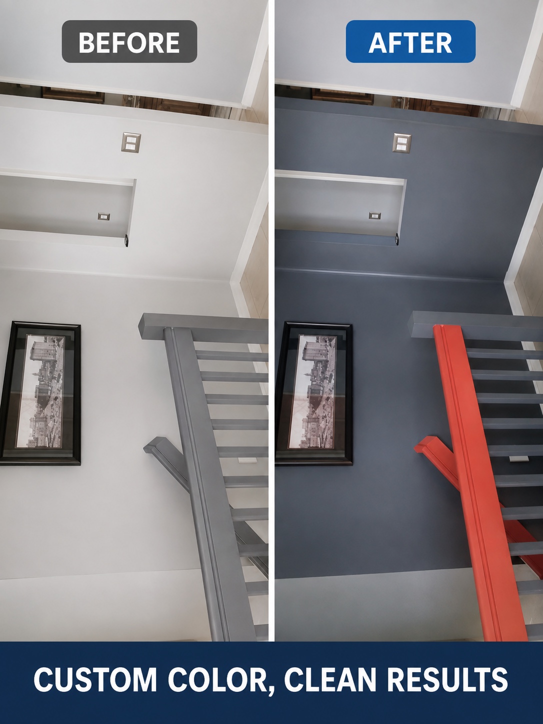Before-and-after stair detail with custom gray and red color work