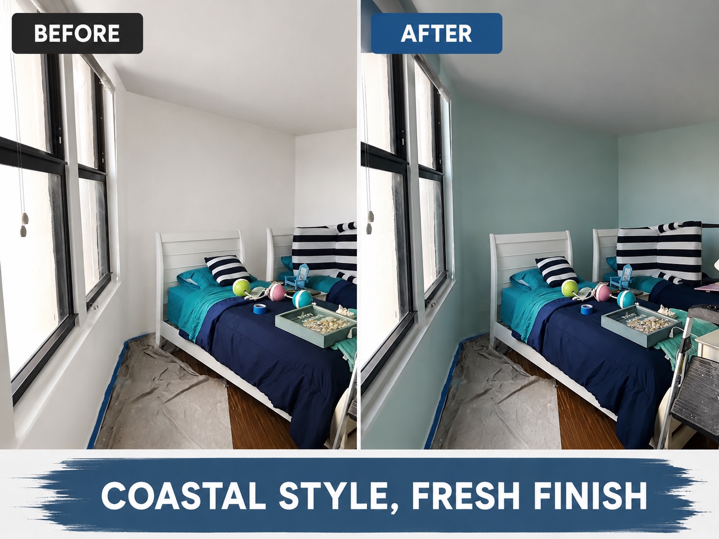 Before-and-after bedroom repaint with a soft coastal blue wall color