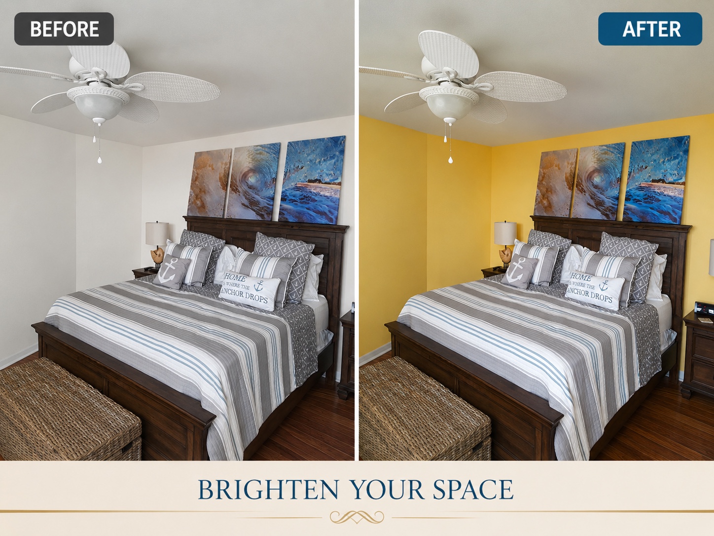 Before-and-after bedroom repaint with a cheerful yellow finish