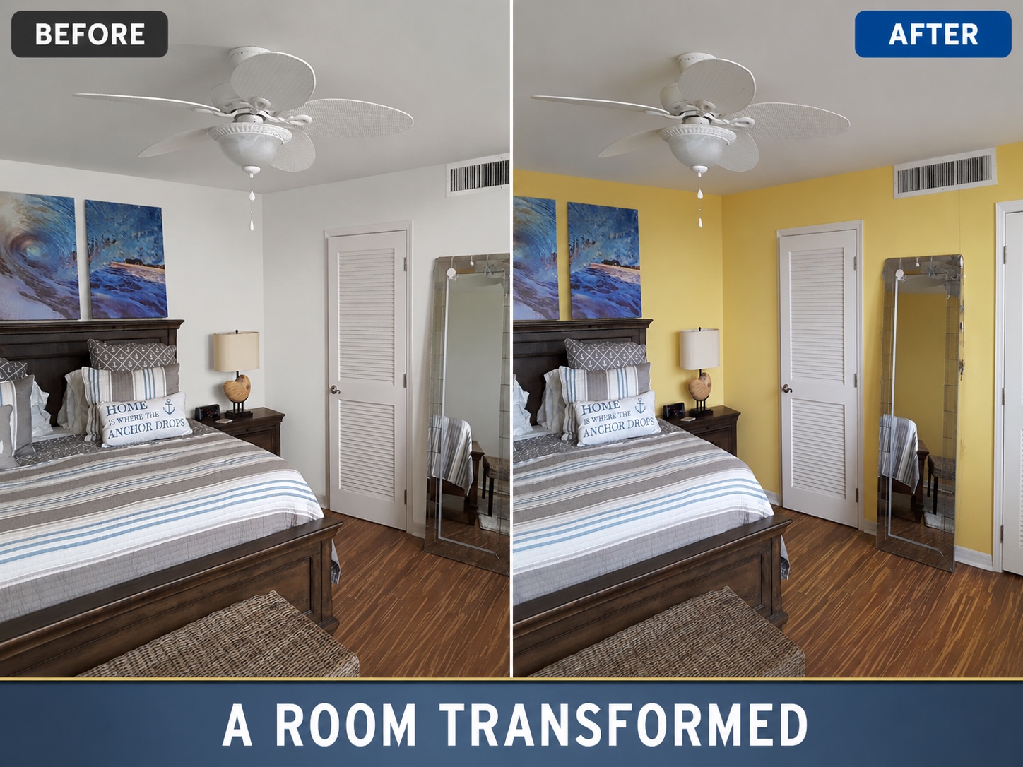 Before-and-after bedroom repaint showing a clean yellow wall finish