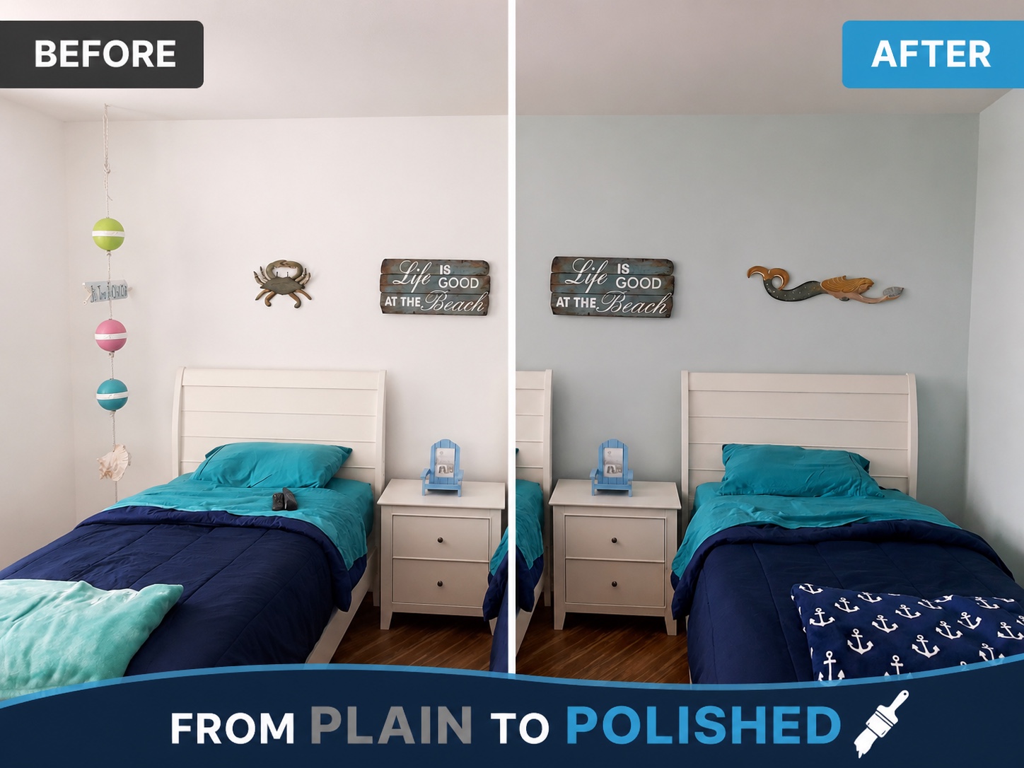 Before-and-after twin bedroom repaint with a polished light-blue finish